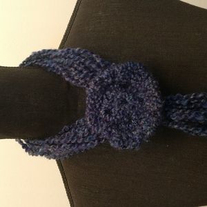 Beautiful Homemade Crochet Scarf Flower Knit‎ Yarn Navy Blue Winter Adjustable